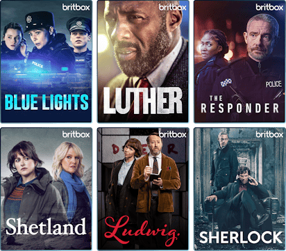 Collage of britbox content posters including Blue Lights, Luther, The Responder, Shetland, Ludwig and Sherlock