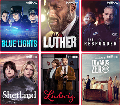 Collage of britbox content posters including Blue Lights, Luther, The Responder, Shetland, Ludwig and Towards Zero
