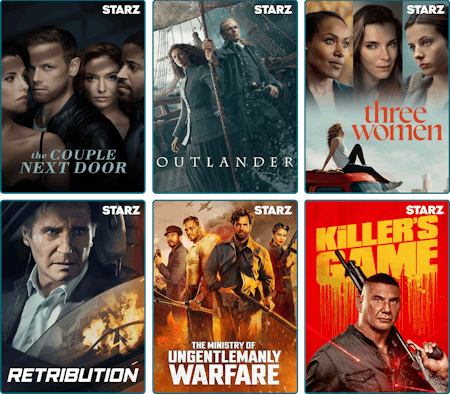 Collage of STARZ content posters including The Couple Next Door, Outlander, Three Women, Retribution, The Ministry of Ungentlemanly Warfare, and The Killer's Game