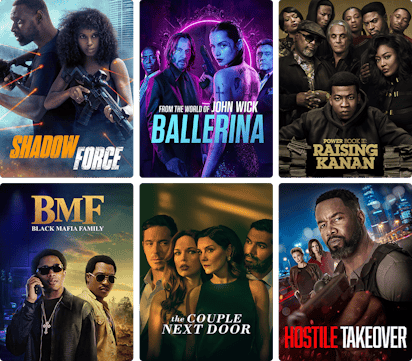 Collage of STARZ content posters including Shadow Force, From the World of John Wick: Ballerina, Power Book III: Raising Kanan, BMF, The Couple Next Door, Hostile Takeover