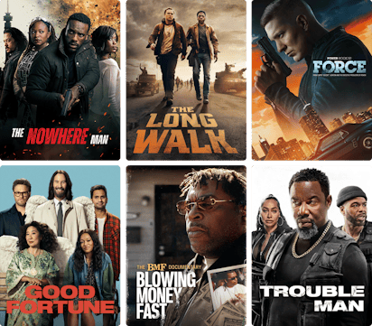 Collage of STARZ content posters including The Nowhere Man, The Long Walk, Power Book IV: Force, Good Fortune, BMF: Blowing Money Fast and Trouble Man