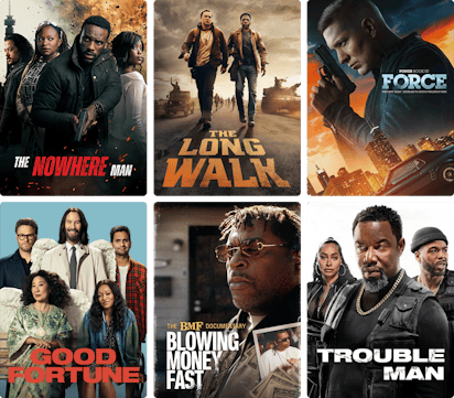 Collage of STARZ content posters including The Nowhere Man, The Long Walk, Power Book IV: Force, Good Fortune, BMF: Blowing Money Fast and Trouble Man