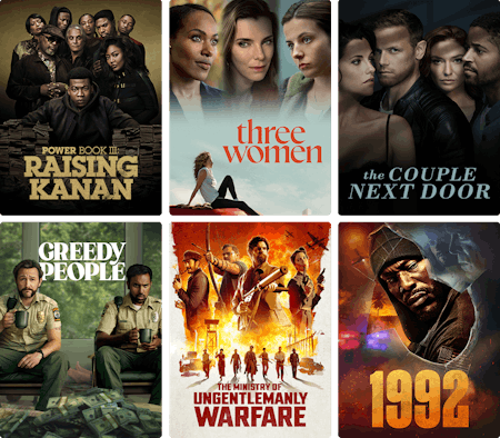 Collage of STARZ content posters including Power Book 3: Raising Kanan, Three Women, The Couple Next Door, Greedy People, The Ministry of Ungentlemanly Warfare and 1992.