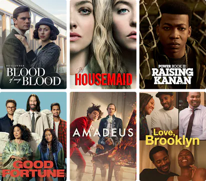 Collage of STARZ content posters including The Nowhere Man, The Long Walk, Power Book IV: Force, Good Fortune, BMF: Blowing Money Fast and Trouble Man