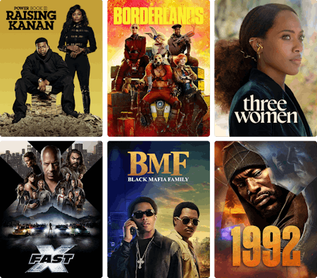 Collage of STARZ content posters including Power Book 3: Raising Kanan, Three Women, The Couple Next Door, Greedy People, The Ministry of Ungentlemanly Warfare and 1992.