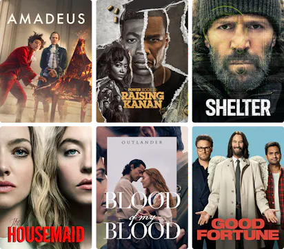 Collage of STARZ content posters including Amadeus, Power Book III: Raising Kanan, Shelter, The Housemaid, Outlander: Blood of my Blood and Good Fortune