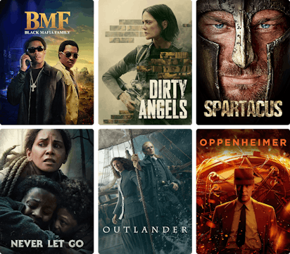 Collage of STARZ content posters including BMF, Dirty Angels, Spartacus, Never Let Go, Outlander and Oppenheimer.