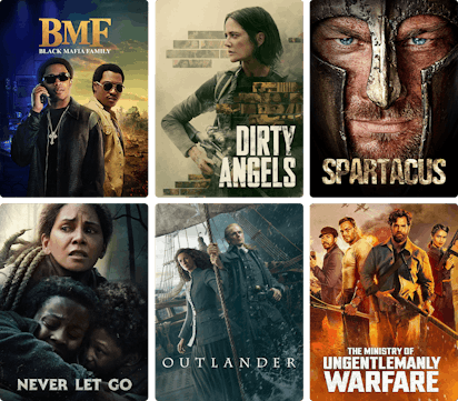 Collage of STARZ content posters including BMF, Dirty Angels, Spartacus, Never Let Go, Outlander and The Ministry of Ungentlemanly Warfare.