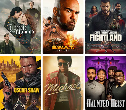 Collage of STARZ content posters including Outlander: Blood of my Blood, S.W.A.T. Exiles, Fightland, Oscar Shaw, Michael and Haunted Heist