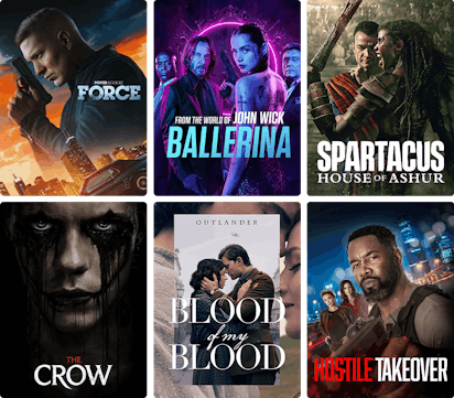 Collage of STARZ content posters including Power Book IV: Force, From the World of John Wick: Ballerina, The Couple Next Door, The Crow, Outlander: Blood of my Blood and The Ministry of Ungentlemanly Warfare