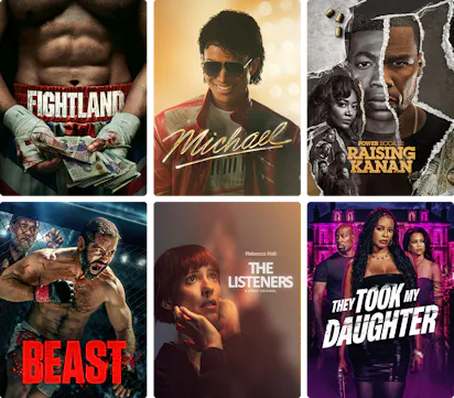 Collage of STARZ content posters including Fightland, Michael, Power Book III: Raising Kanan, Beast, The Listeners and They Took My Daughter