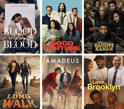 Collage of STARZ content posters including The Nowhere Man, The Long Walk, Power Book IV: Force, Good Fortune, BMF: Blowing Money Fast and Trouble Man