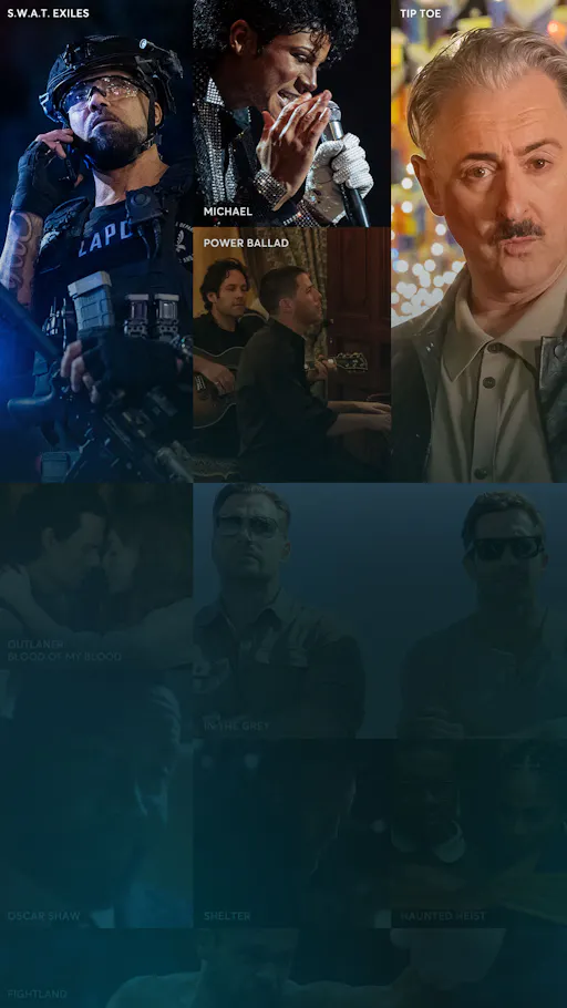 Collage of STARZ content posters including Haunted Heist, Fightland, Oscar Shaw, S.W.A.T. Exiles, Outlander: Blood of my Blood, Shelter, Tip Toe and Michael