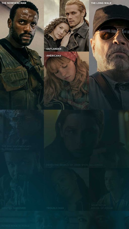 Collage of STARZ content posters including Outlander: Blood of my Blood, The Ministry of Ungentlemanly Warfare, From the World of John Wick: Ballerina, The Couple Next Door, Spartacus: House of Ashur, BMF and Power Book IV: Force