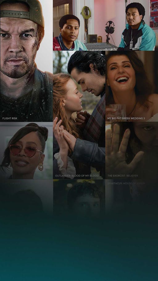 Collage of STARZ content posters including Flight Risk, BMF, My Big Fat Greek Wedding 3, Spartacus: House of Ashur and Outlander: Blood of My Blood.