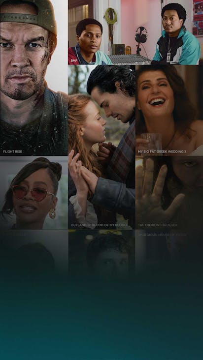 Collage of STARZ content posters including Flight Risk, BMF, My Big Fat Greek Wedding 3, Spartacus: House of Ashur and Outlander: Blood of My Blood.