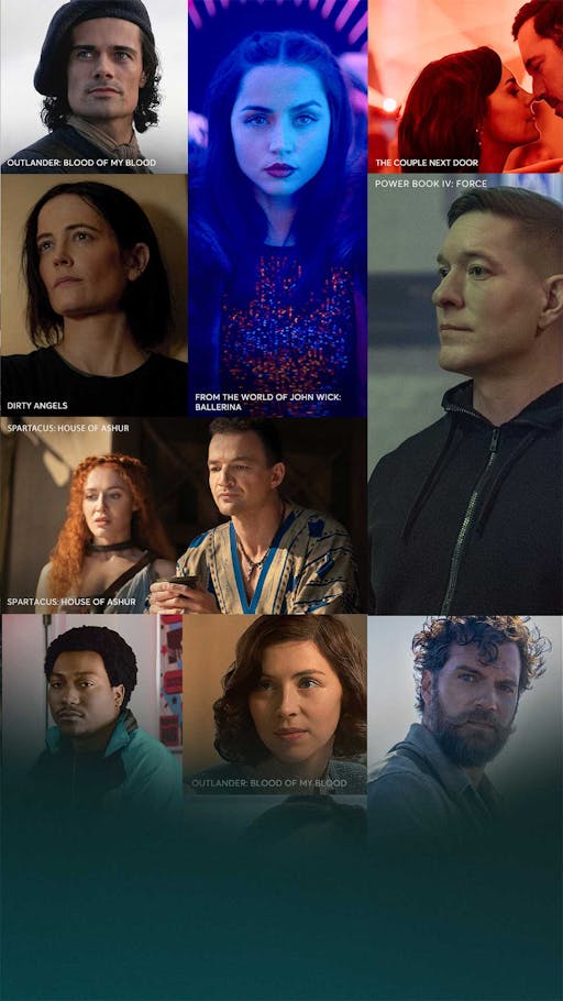 Collage of STARZ content posters including Outlander: Blood of my Blood, The Ministry of Ungentlemanly Warfare, From the World of John Wick: Ballerina, The Couple Next Door, Spartacus: House of Ashur, BMF and Power Book IV: Force