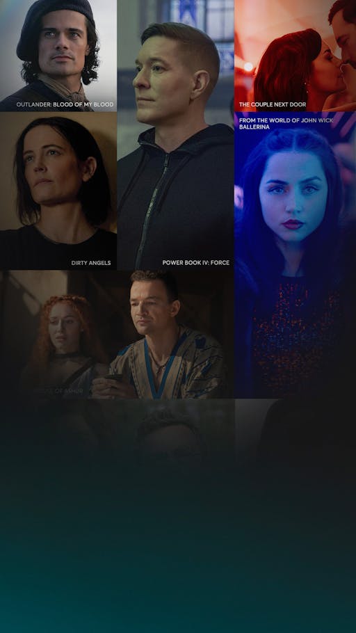 Collage of STARZ content posters including Outlander: Blood of my Blood, The Ministry of Ungentlemanly Warfare, From the World of John Wick: Ballerina, The Couple Next Door, Spartacus: House of Ashur, BMF and Power Book IV: Force