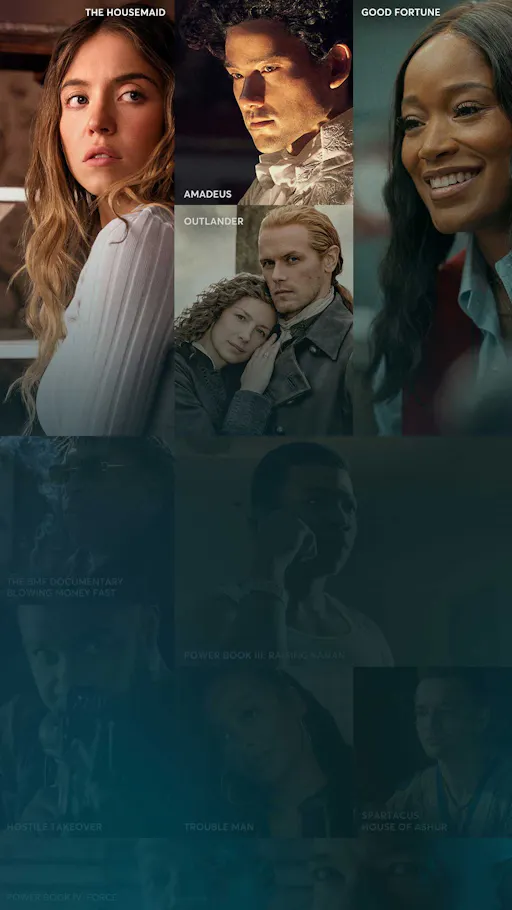 Collage of STARZ content posters including The Long Walk, The Nowhere Man, Power Book III: Raising Kanan, Good Fortune, Power Book IV: Force, Now You See Me Now You Don't, Outlander and The Housemaid